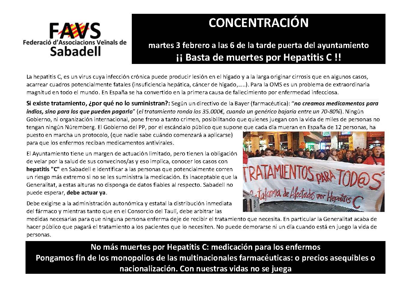 Dimarts 3 de febrer a les 18h a la plaça dr. robert (ajuntament) CONCENTRACIÓ HEPATITIS “C”