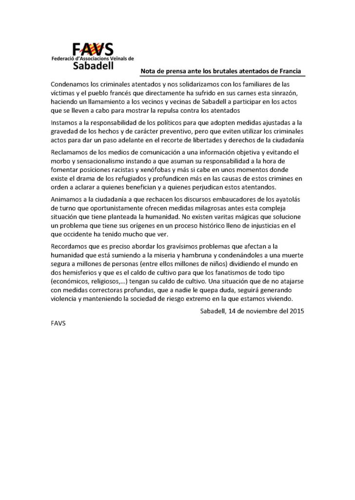Nota de prensa ante los brutales atentados de Francia